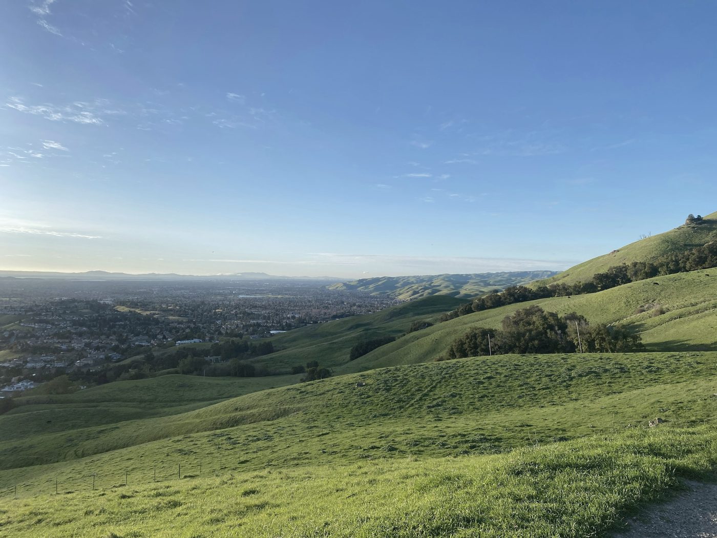 Green grassy hills sloping down to a wide valley of houses under a clear sky