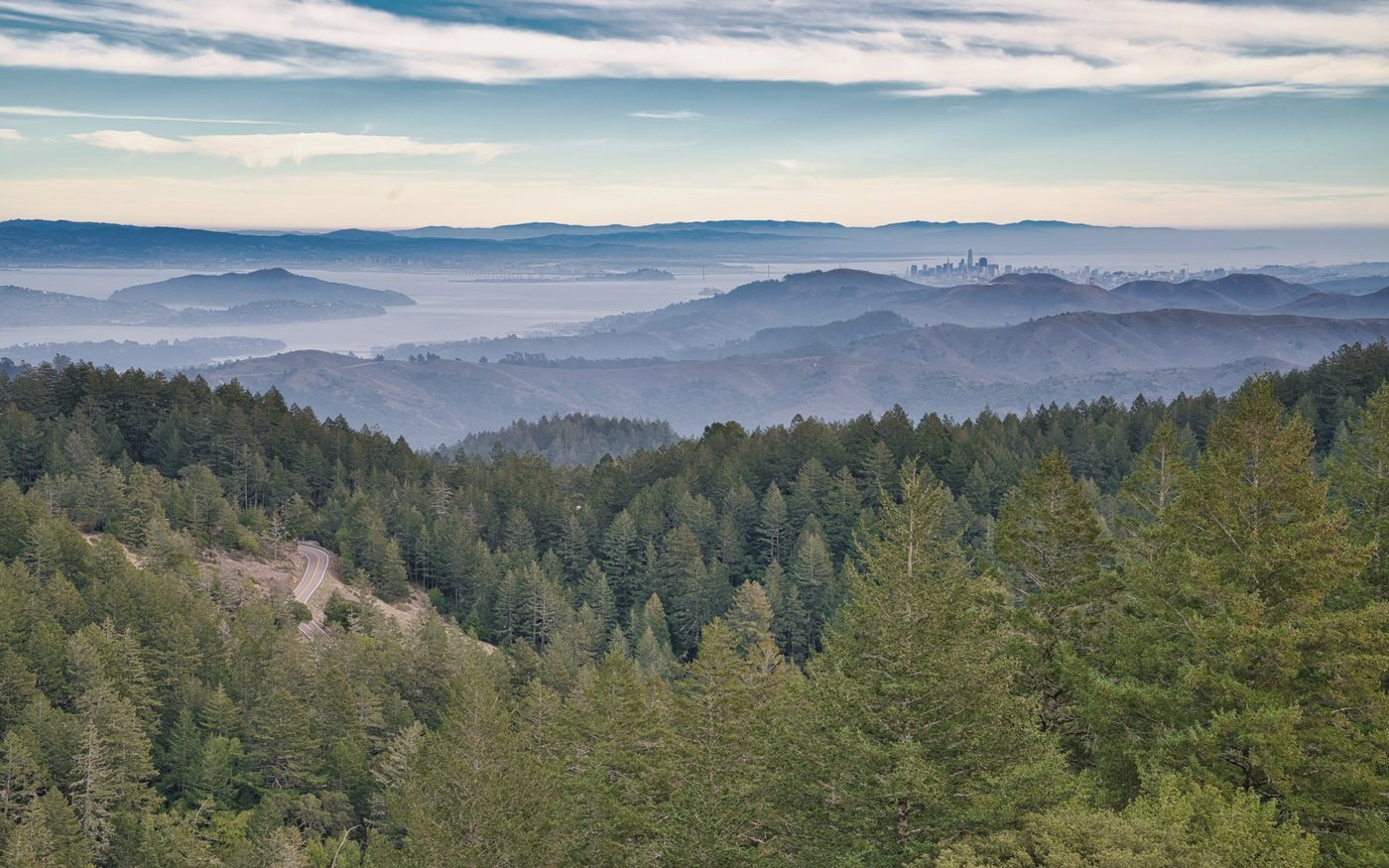 Forested slopes and a winding road below hazy ridges, with bay water and a distant city skyline