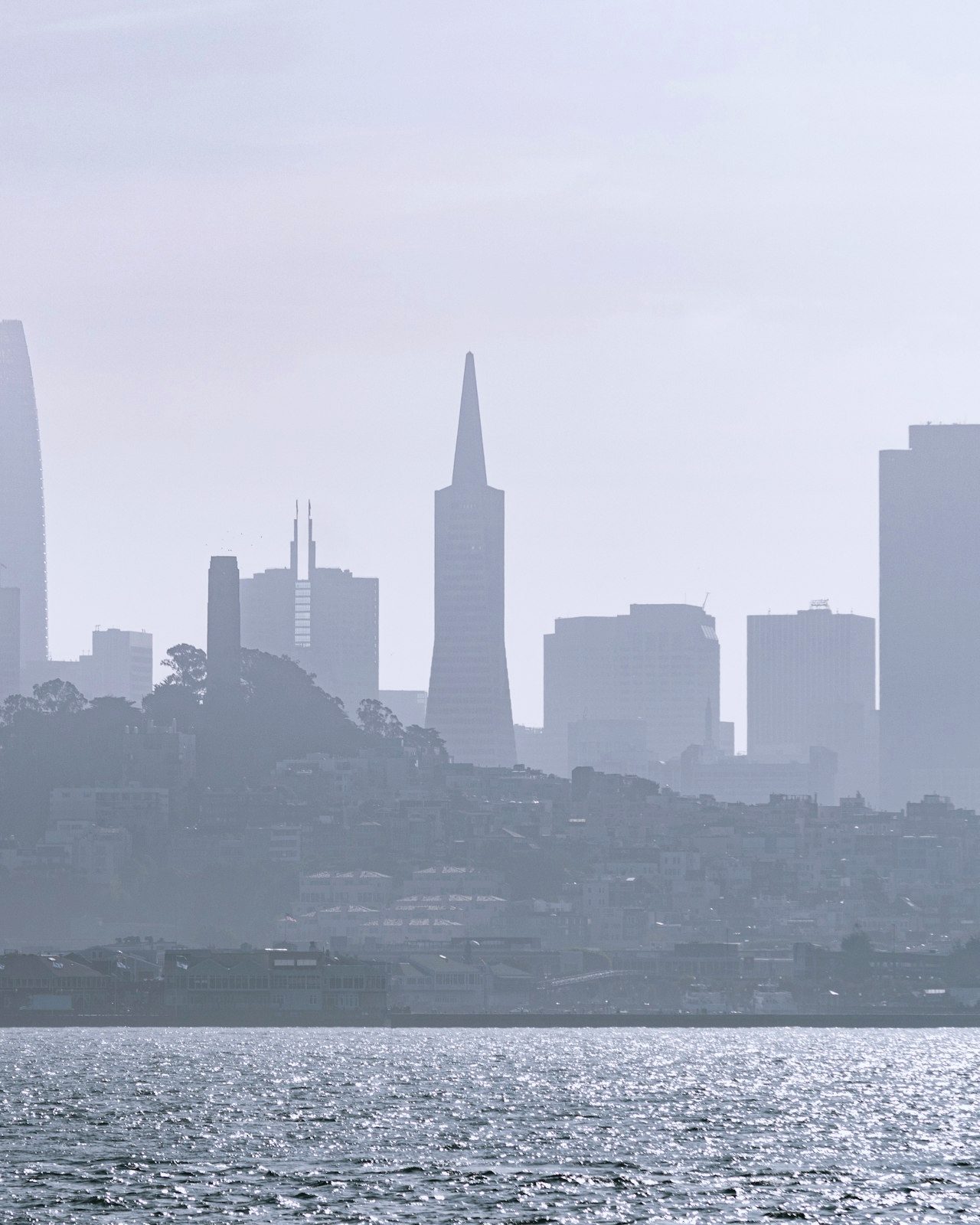 The downtown San Francisco skyline in haze, seen across the bay