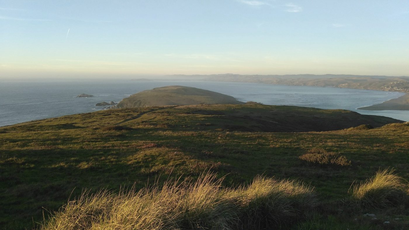 Grassy coastal bluffs sloping toward the ocean in late light